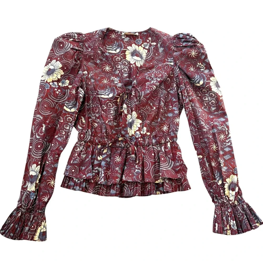 Ulla Johnson Womens 2 Ren Blouse Heliotrope Floral Peplum Victorian Cottagecore